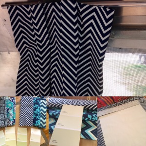 From lower left, counterclockwise: fabrics we considered, panel under construction, and finished panel. 