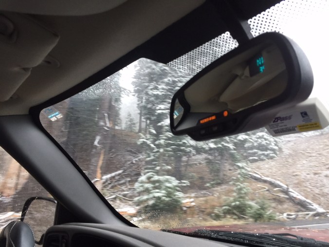 Snow on our way out of Crater Lake the next day. ZERO visibility. 